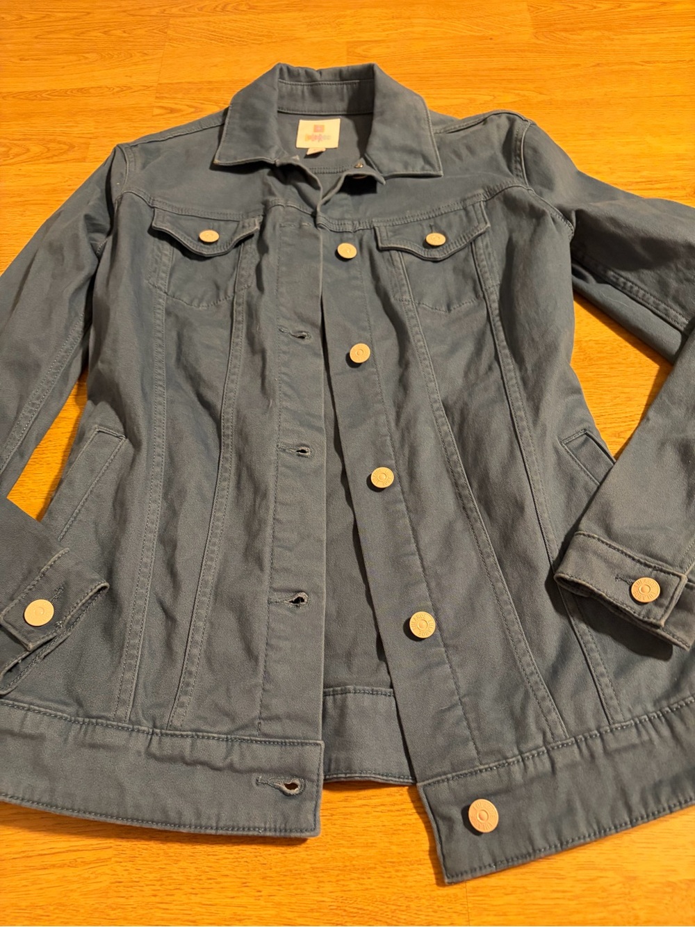 LuLaRoe Slate Blue Denim Jacket with silver Buttons- longer length